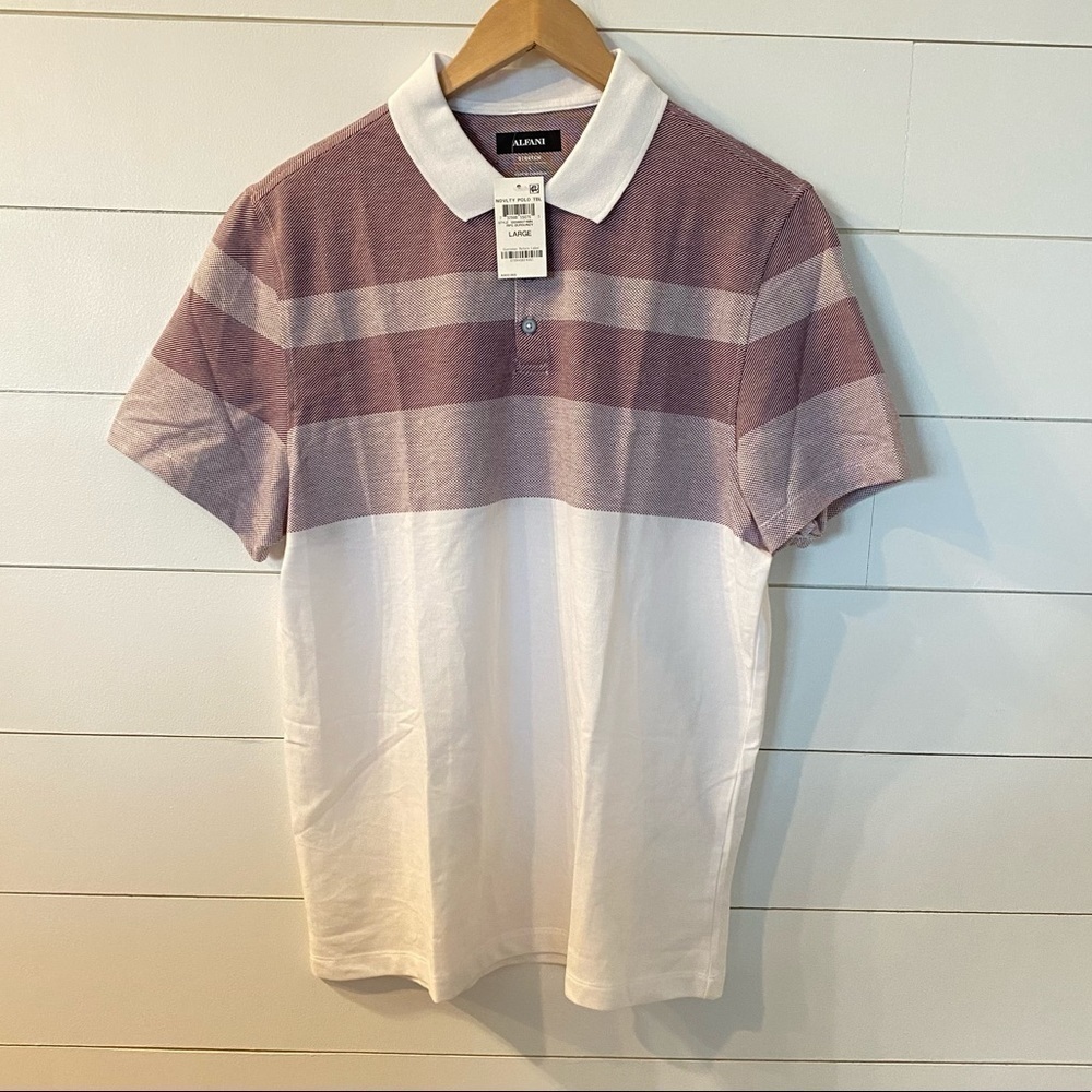 NWT men’s Alfani polo top in white and purple 3 button casual collared large